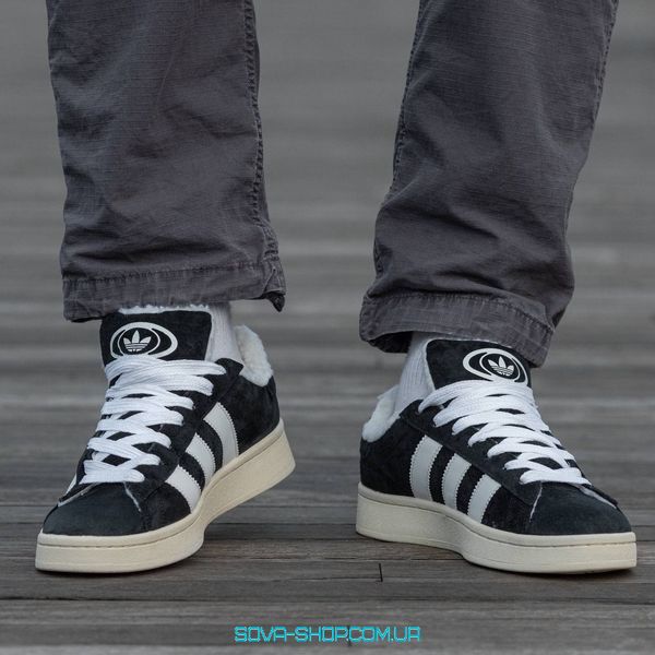 Чоловічі та жіночі зимові кросівки Adidas Campus Black White 00s з хутром фото