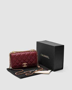 Жіноча сумка Chanel Calfskin Quilted Perfect Fit Wallet On Chain Burgundy/Gold Premium фото