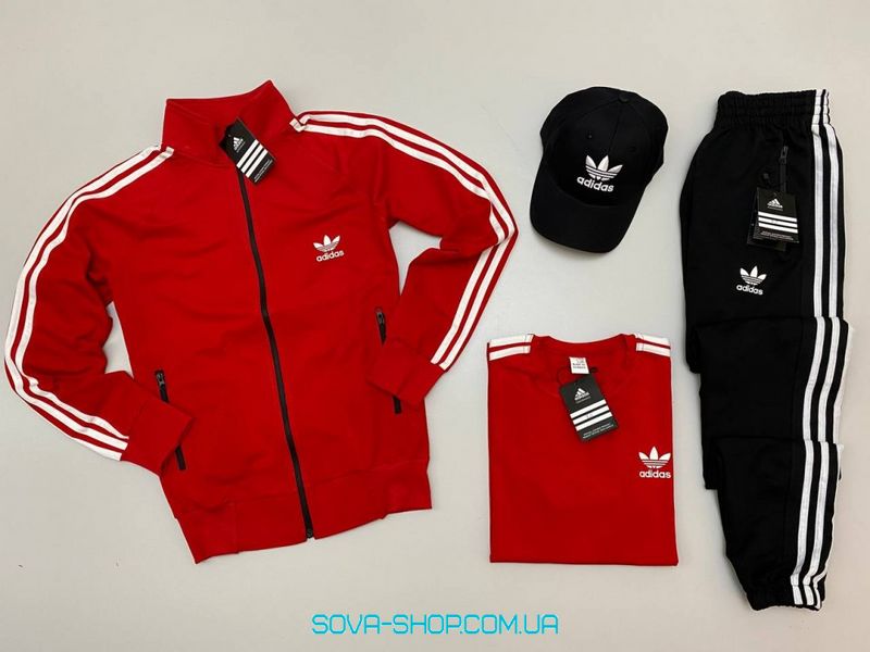 Чоловічий набір 4в1 : кофта-штани-футболка-кепка Adidas червоний з чорним фото
