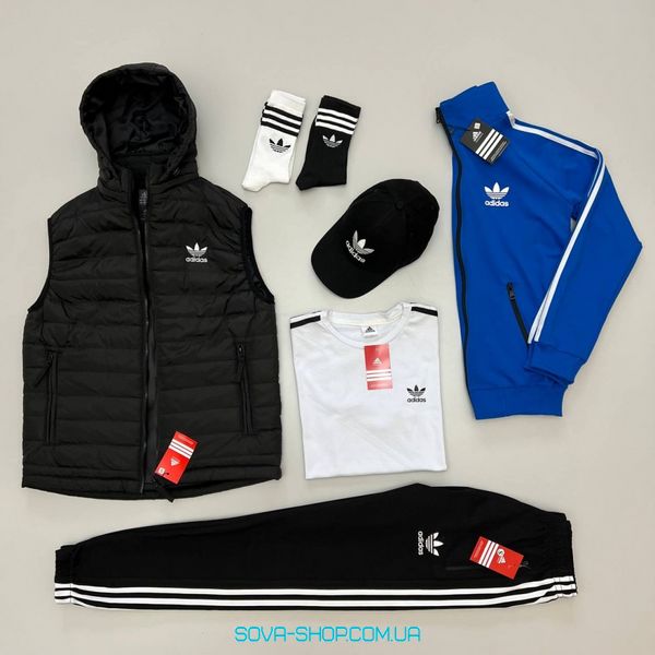Чоловічий набір Adidas: жилетка-кофта-штани-футболка-кепка (2 пари носків у подарунок) Adidas Чорний з синім фото