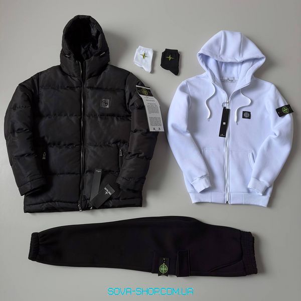 ❄️Чоловічий та жіночий набір Stone Island: 5 в 1 ☃ Куртка-зіп худі-штани-2 пари шкарпеток фото