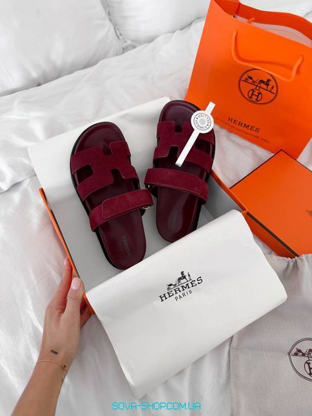 Женские шлепанцы Hermes Chypre Velours &lsquo;Rouge Marsala&rsquo; Premium фото